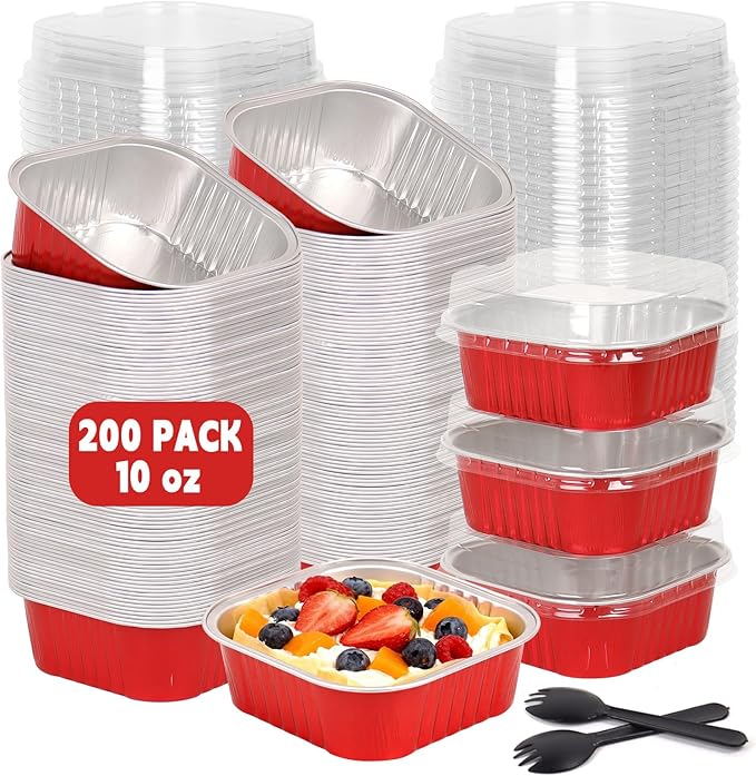 200 Pack 10 oz Red Square Mini Cake Pans with Lids, Mini Loaf Pans with Lids, Aluminum Foil Square Brownie Baking Cups for Ramekins Muffin Cupcake Wedding Birthday Party