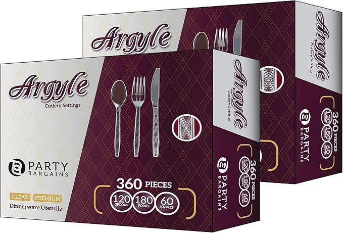 Party Bargains Clear Plastic Cutlery 720 pcs: 360 Forks, 240 Spoons, 120 Knives. Argyle Design, Heavy Duty & Solid Disposable Silverware Utensils Combo Pack Set for Weddings, Buffets, Luncheons