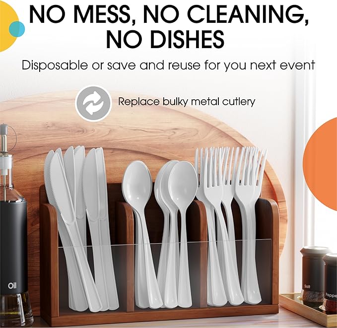 Party Solids White Plastic Silverware Heavy Duty 300 Pieces White Plastic Cutlery Sets, Utensil Sets, 100 Of Each Forks, Knives & Spoons Disposable Cutlery Set, Flatware Set For Party Supplies