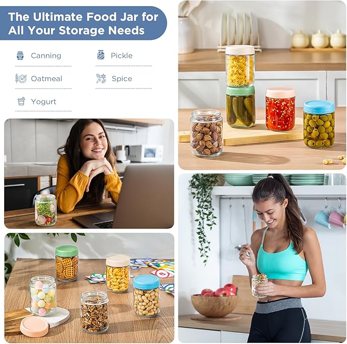 DRKIO 16 Oz Overnight Oats Containers with Lids - 4 Pack Glass Storage Jars with Airtight Lids Wide Mouth Mason Food Jars Great for Meal Prep Salad Chia Pudding Snacks Yogurt Sugar Spice Cereal