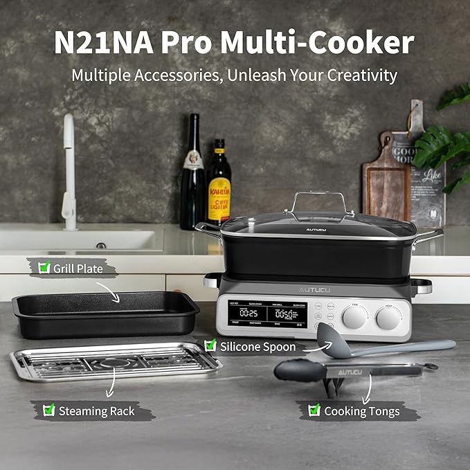 N21NA Pro Slow Cooker 10 Quart, 8-in-1 Programmable PFOA-Free Ceramic Coated Multi-Cooker with Grill Pan, Steaming Plate (Includes Silicone Spoon & Tongs)
