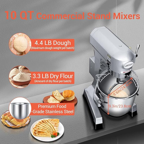 10 QT Dough Mixer, Food Commercial Industrial Grade Stand Mixer with Stainless Steel Bowl and 3 Types of Mixing Tools, Built for Professional Baking: Effortlessly Handles Large Recipes