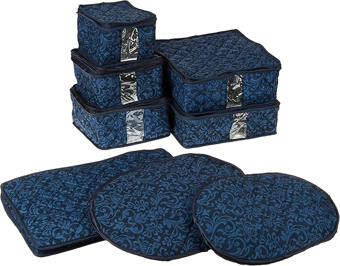 8-Piece Storage Containers Set – China, Navy, Quilted, Stackable Dish & Plate Protectors – Glass & Dinnerware Organizer Lids – Kitchen Storage for Meal, Tupperware, Glass Containers & Food Storage