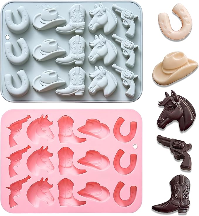 Cowboy Chocolate Molds,2PCS Cowboy Silicone Mold,Cowboys Hat Boot Horse Saddle Shape Candy Molds,Western Themed Party Baking Moulds Jello Ice Cube Candle Mold for Cupcake Cakesicle Decorations