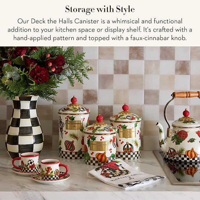 MACKENZIE-CHILDS Enamel Canister, Kitchen Storage Container with Lid, Medium, Deck the Halls