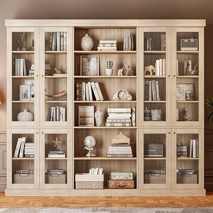 70.8" Tall Brown Bookshelf with Glass Doors, Farmhouse Modular Bookcase with 6-Tier Adjustable Shelves, Large Storage Cabinet for Home Office, Living Room