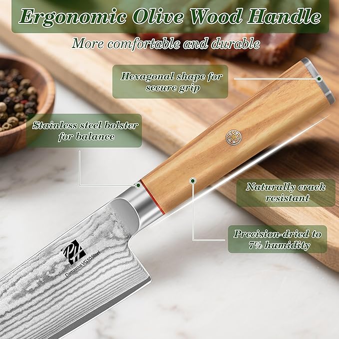 Damascus Chef Knife, 8 Inch Damascus Japanese Chef's Knife with VG10 High Carbon Steel, Professional Kitchen Knife with Olive Wood Handle & Gift Box, Sharp Cooking Knives for Home Kitchen Gift Idea