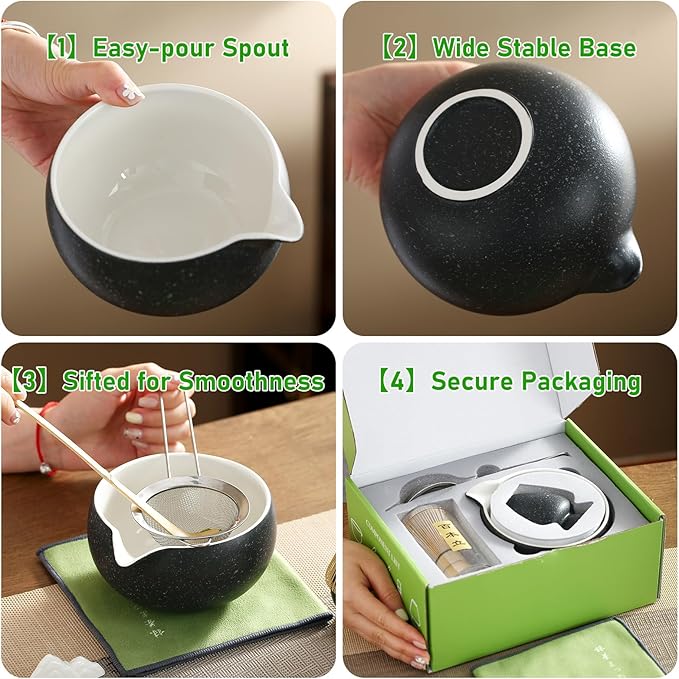 Matcha Whisk Set, Ceramic Matcha Set with Spout, Matcha Bowl Kit with Sifter, Whisk and Holder, Bamboo Scoop, Scoop Rest, Tea Towel, 7 Pcs Matcha Kit Set for Making Breakfast/Latte for Matcha Lovers