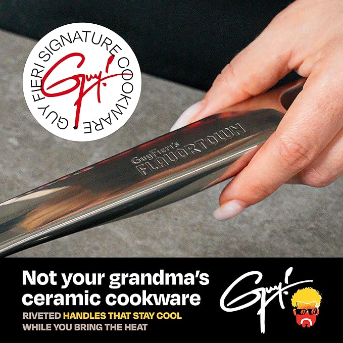 Guy Fieri's Flavortown 6-Piece Ceramic Cookware Set, 8" & 10.2" Frypans, 2QT Saucepan, 3.2QT Sautépan Nonstick, Made without PFAS PTFE PFOA, Oven & Dishwasher Safe, Easy to Clean, Red