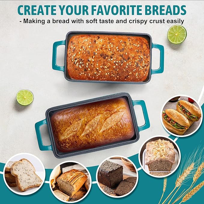 P&P CHEF 2 In 1 Enameled Cast Iron Loaf Pan with Lid, 9 x 5 Inch Bread Loaf Pans for Baking Homemade Sourdough Bread, Meatloaf, Toast, Cake, Nonstick & Healthy & Sturdy, 2 Piece Set - Dark Green