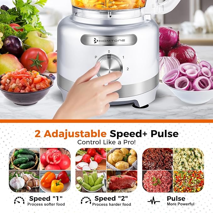 Homtone 16 Cup Food Processor Large, 9 Functions 7 Blades 3 Speeds for Shredding, Slicing, Making French Fries, Chopping Meat, Kneading Dough & Emulsifying, 600W, Red