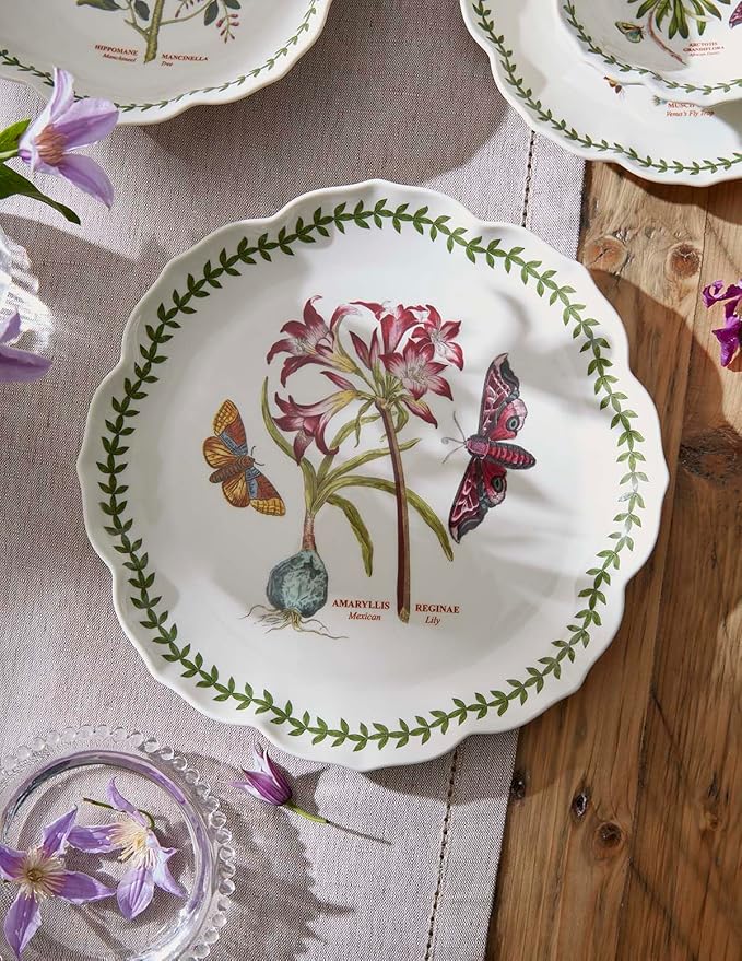 Portmeirion Botanic Garden Lotus Dinner Plate, Mexican Lily - Decorative Porcelain Dish with Butterfly Motif, 11.25" Scalloped Rim Shape for Dining or Display - Microwave, Oven & Dishwasher Safe