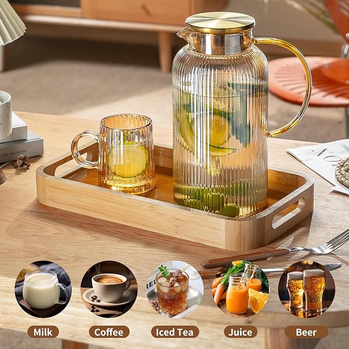 2 PACK Glass Pitcher with Lid, 68 oz/ 2 Liter Amber Classic Vertical Stripes Water Pitcher,Glass Water Carafe for Cold Brew, Coffee, Lemonade, Iced Sun Tea,Beverage, Heat Resistant