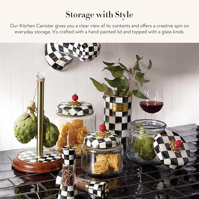 MACKENZIE-CHILDS Sterling Check Kitchen Canister, Decorative Gray-and-White Glass Storage Jar with Lid, Large