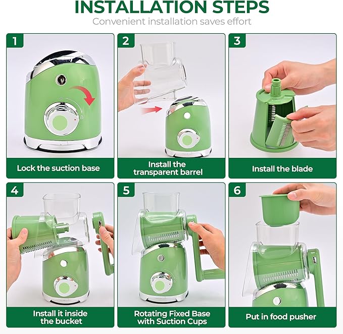 SUSTEAS Rotary Cheese Grater with Handle,Vegetable Slicer with 6 Interchangeable Blades, Reinforced Suction,Easy to Clean,Kitchen Chopper for Crushed Ice,Fruits and Nuts with Blade Storage Case,Green