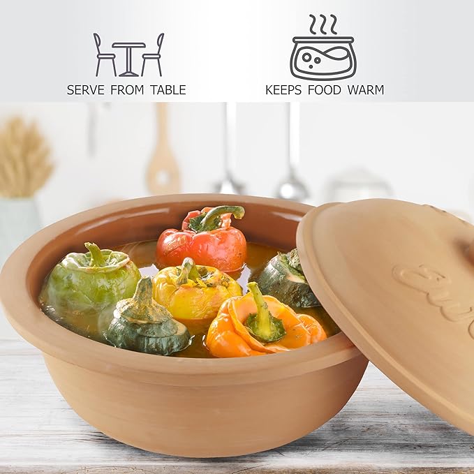 Reston Lloyd Eurita 4 Quart Terracotta Clay Non Stick Dutch Oven – Natural, Lead Cadmium‑Free, Oven & Microwave Safe, Rustic Slow-Cooker Pot Roasting & Casseroles, Healthy cooking with recipe guide