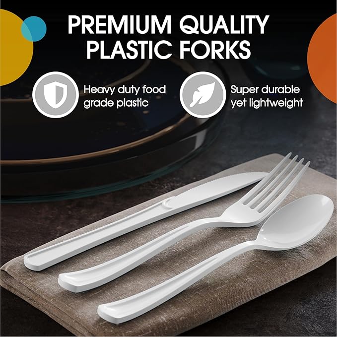 Party Solids White Plastic Silverware Heavy Duty 300 Pieces White Plastic Cutlery Sets, Utensil Sets, 100 Of Each Forks, Knives & Spoons Disposable Cutlery Set, Flatware Set For Party Supplies