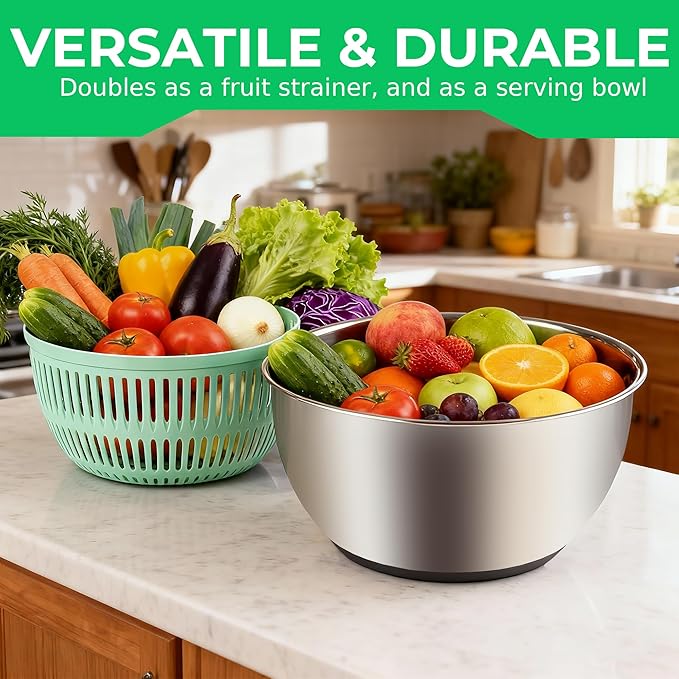 5.3Qt Stainless Steel Salad Spinner,Lettuce Spinner with Non-Slip Base,Multifunctional Design with a Crank,A Variety of Blades Make it Easy to Chop, BPA Free,Dishwasher Safe, Non-Slip Base.