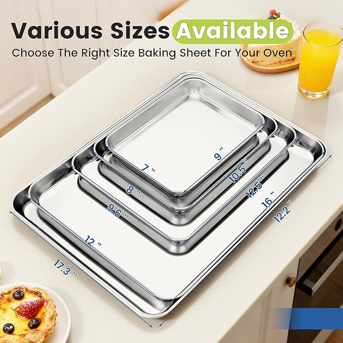 12 Pack Stainless Steel Baking Sheet Pans, 10.5" L × 8" W × 1" H Cookie Sheets for Toaster Oven, Rust-Resistant, Dishwasher Safe