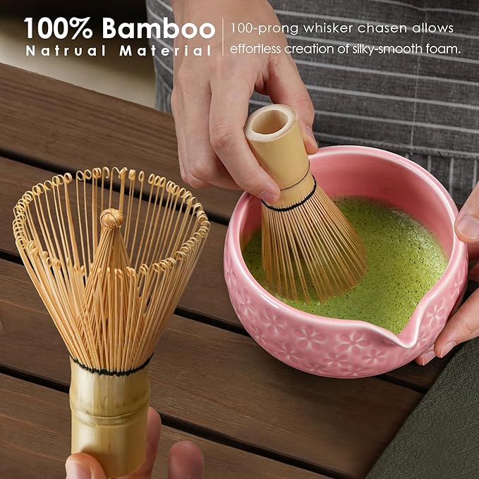 7Pcs Matcha Whisk Set, Ceramic Matcha Bowl with Spout, Bamboo Whisk and Holder, Bamboo Scoop, Scoop Rest, Sifter and Tea Towel, Matcha Kit with Cherry Blossom Carved Patterns for Matcha Lovers (Pink)