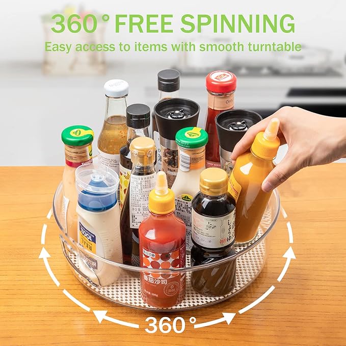 2 Pack Lazy Susan Cabinet Organizer with Handle 12 inch, Clear Spinning Lazy Susan Turntable for Pantry, Kitchen Sink, Corner Cabinet, Bathroom, Countertop, Non-Skid Liners Included, Free Rotating