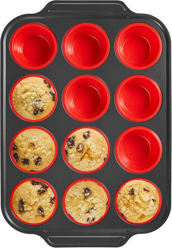 Silicone Muffin Pans for Baking with Metal Frame, Egg Bite Molds, Cupcake Pans 12 Regular Size, Muffin Tins Easy to Pop Nonstick Non Toxic Bakeware for Oven, Red