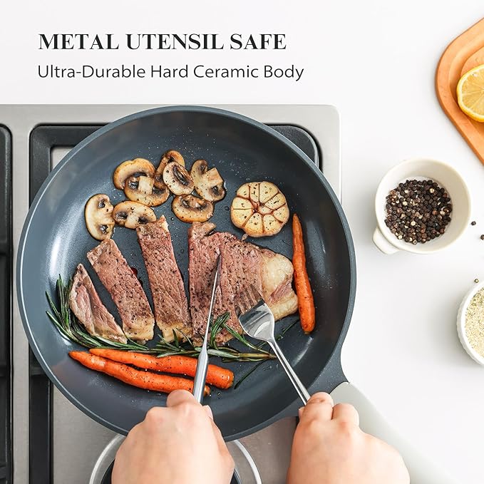 PRICUSIS Nonstick Ceramic Frying Pan with Lid, Non Toxic Skillet, Healthy Egg Pan Nonstick Omelet Pan Chef's Pan, PTFE PFOA & PFAS Free, Induction Compatible (8Inch W/L)