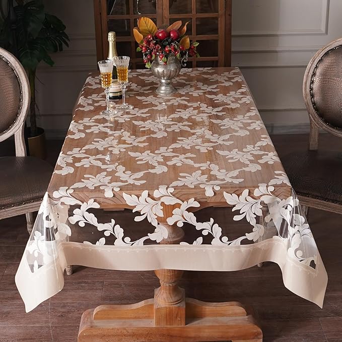 Vinyl Table Cloth Rectangle Clear Table Cover Protector with Block Printed Pattern Oil Spill Proof Farmhouse Rustic Plastic Table Covers for Dining Tables (Scroll Grass, 55 x 84 Inches)