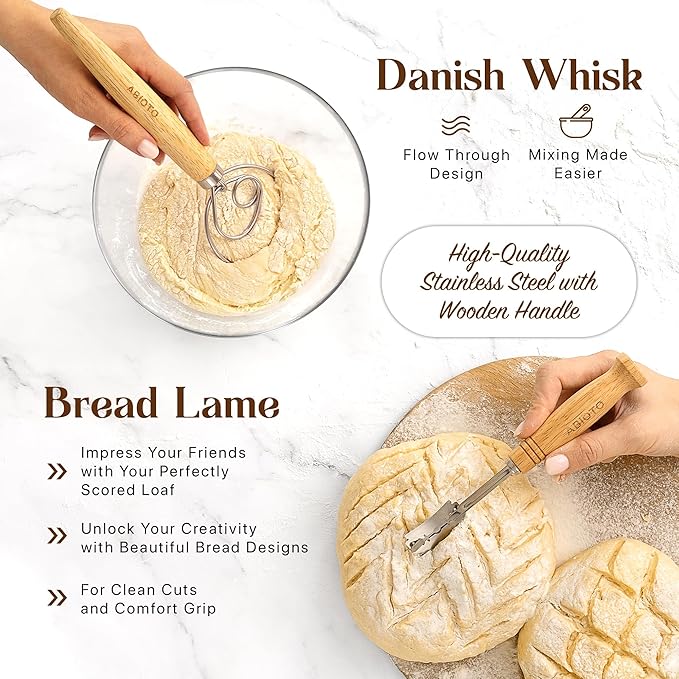 Sourdough Bread Baking Supplies and Starter Kit - Ultimate Bread Making and Sourdough Starter Kit with Proofing Baskets, Sourdough Jar, Bread Lame, Scrapers, and Danish Whisk