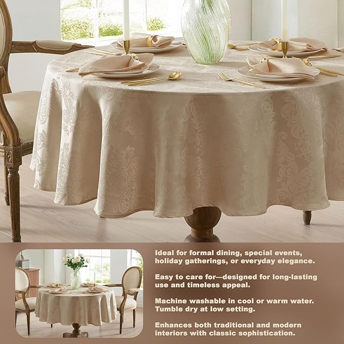 Newbridge Barcelona Luxury Damask Fabric Tablecloth, 108” Round, Golden Beige, 100% Polyester, No Iron, Soil Resistant Dining Room, Party and Banquet Table Cover