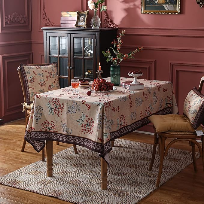 patdrea Designer Linen French Long Rectangular Table Cloth,Vintage Red Floral Fall Tablecloths,Breathable Table Cover for Kitchen Dining,Tea Party,Christmas,Thanksgiving,Holiday,63"x94"-Newmari