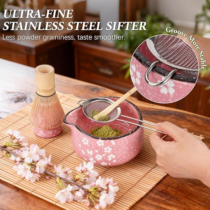 Matcha Whisk Set, 7 PCS Ceramic Matcha Sets with Bowl, Bamboo Whisk and Holder, Towel, Sifter, Bamboo Scoop, Scoop Rest, Christmas Gifts for Tea Lovers, Birthdays New Year Gifts for Women Mom