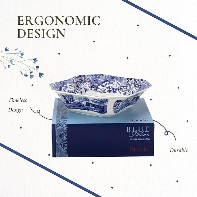 Spode Blue Italian 9.5-Inch Serving Bowl - Elegant Porcelain Tableware for Vegetables, Main Dishes, Entrees, Sides, Salads - Mix & Match Blue Patterned Rim with Dinnerware Sets, Great for Hosting