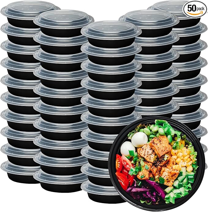 Klex 24 Oz, 50 Sets Meal Prep Containers with Airtight Lids, BPA Free, Reusable Plastic Food Container, 24 oz, Round, Black/Clear, 50 Sets