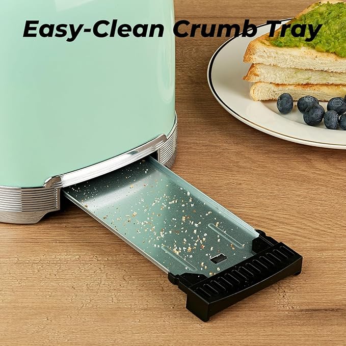 Toaster 2 Slice Retro Stainless Steel with 1.5” Extra Wide Slots Bagel, Defrost, Reheat, Cancel Functions, 6 Bread Shade Settings, Removable Crumb Tray, Aqua Green