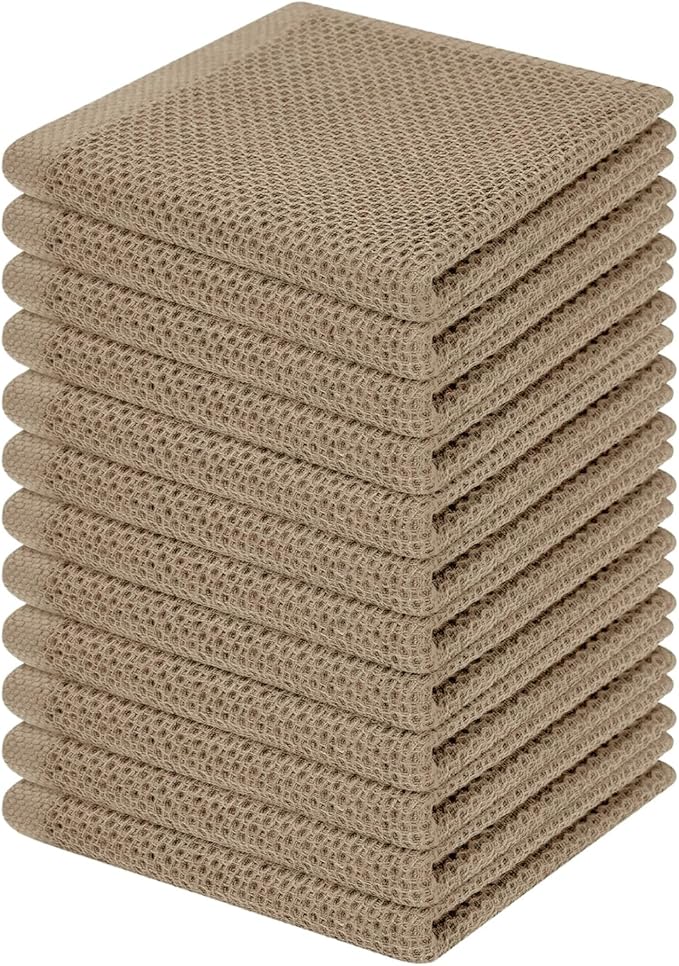 Homaxy 100% Cotton Waffle Weave Kitchen Dish Cloths, Ultra Soft Absorbent Quick Drying Dish Towels, 12 x 12 Inches, 12-Pack, Tan