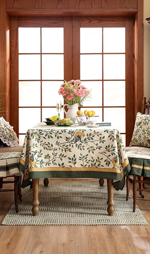patdrea Designer French Table Cloth for Rectangle Table,Vintage Green Linen Birds and Leaves Pattern Tablecloths,Dacorative Cover Kitchen Dining,Christmas,Thanksgiving,Tea Party,55"x79"-Warbler