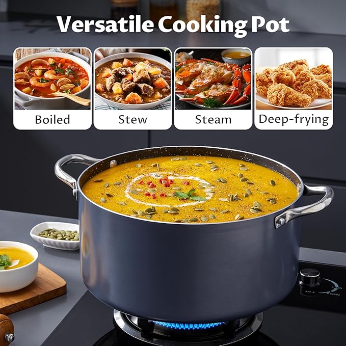BEZIA 10 Quart Cooking Pot, Large Non Stick Induction Stock Pots with Lid, All Stove Compatible, 10 QT Aluminum Soup/Stew Pot For Large Families or Meal Prepping, Grey