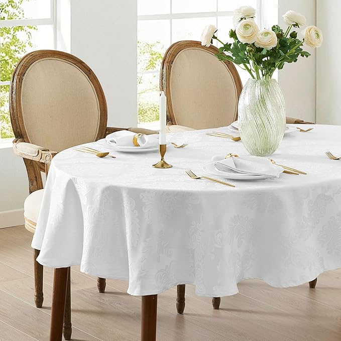 Newbridge Barcelona Luxury Damask Fabric Tablecloth, 60” Wide x 84” Oval, White, 100% Polyester, No Iron, Soil Resistant Dining Room, Party and Banquet Table Cover