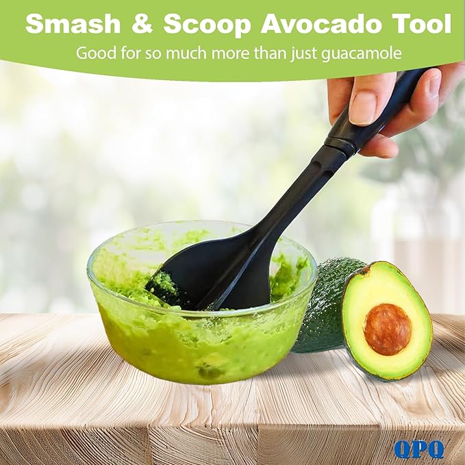 QPQ Good Grips Scoop And Avocado Masher Tool, Guacamole Masher- Slicing & Smashing, Ergonomic Non-Slip Handle, Perfect for Guacamole, Soft Fruits & Vegetables (Black)