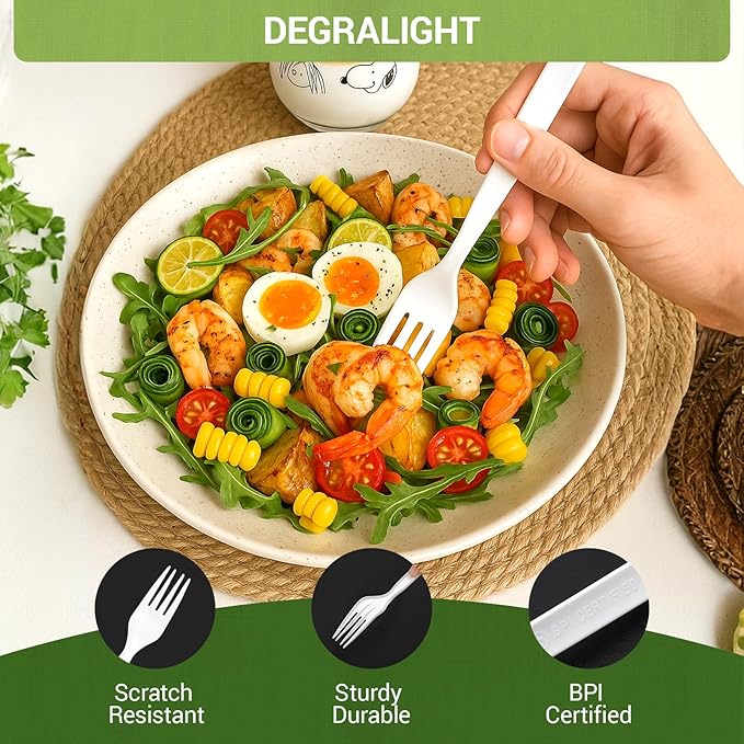 Compostable Froks [100Pcs] Heavy Duty Forks Disposable Utensils, BPA-Free, Heat Resistant, CPLA Disposable Forks, BPI Certified CPLA Disposable Cutlery for Party, Office & Picnic