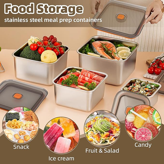 2 PCS Stainless Steel Food Storage Containers(47oz) with Lids Leak Proof & Airtight | Square Stainless steel freezer Containers,For Meal Prep,Fruit,Snack,Freezer
