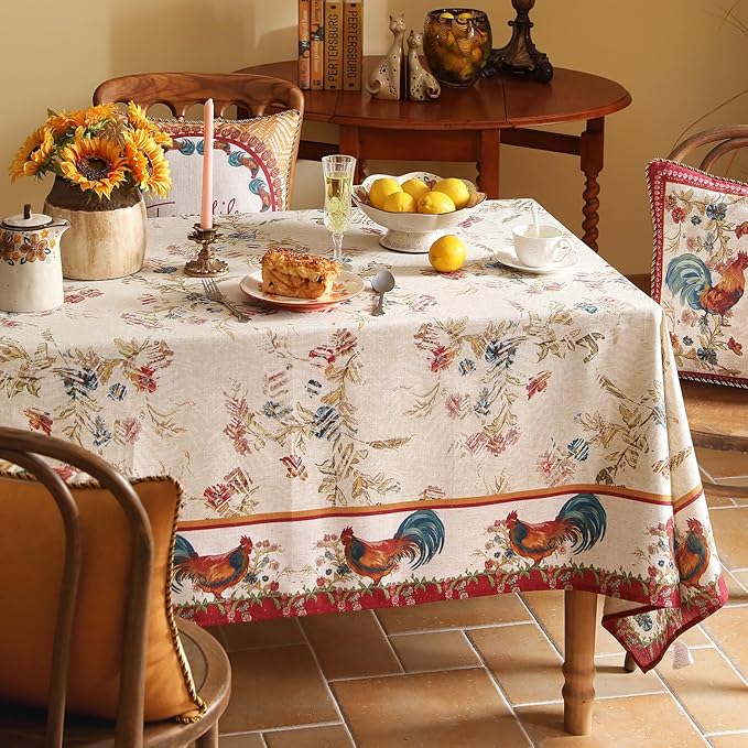 patdrea Designer Linen Red Long Rectangle Tablecloth,Vintage French Animals Pattern Tablecloths,Decoration Floral Table Cover for Kitchen Dining Christmas,Party,Thanksgiving,63"x94"-Townlife E