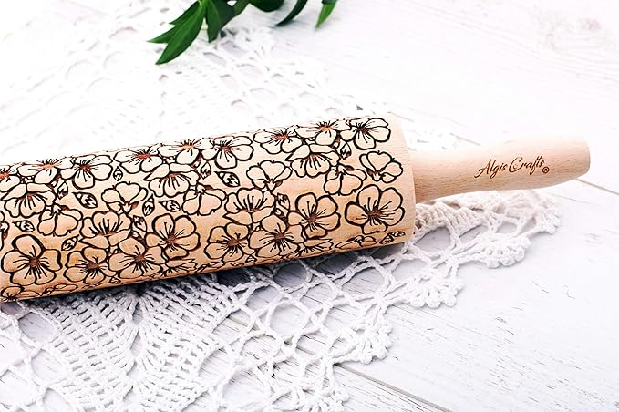 Embossed rolling pin SAKURA. Leafy green and flowering plants on embossed dough roller