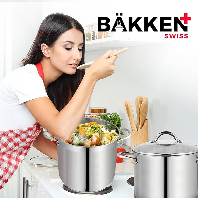 Stainless Steel Stockpot with Tempered Glass Lid 24 Quart, Durable 18/0 Stainless Steel, Impact-Bonded Base for Even Heating, Riveted Handles, Oven & All Stove Compatible, Safe Up To 500°F (260°C)