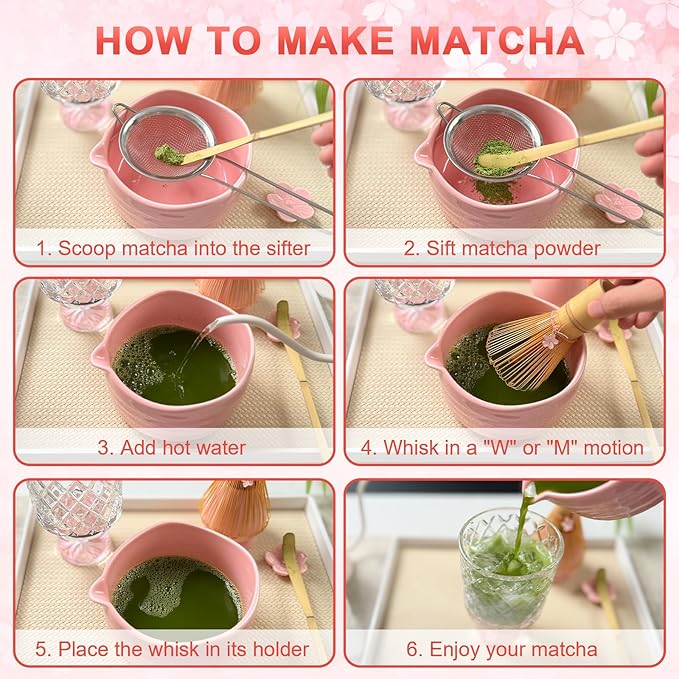 Matcha Set–7-Piece Set Including Matcha Bowl with Spout, Whisk, Chasen Holder, Sifter, Bamboo Scoop,Scoop Stand,wood spoon(Daisy Pink)–Perfect for Matcha Lovers&Tea Ceremonies