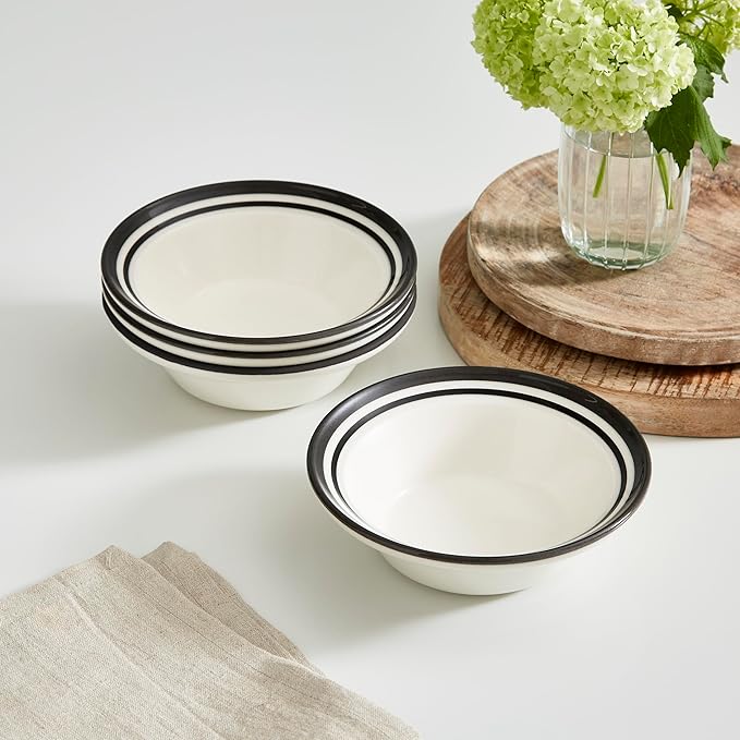 Portmeirion Potter's Stripe Oatmeal Bowls (Set of 4) - Elegant Earthenware for Breakfast, Lunch & Dessert - Microwave & Dishwasher Safe Bowls, Handcrafted Stackable Bowl Collection (Black Stripe)