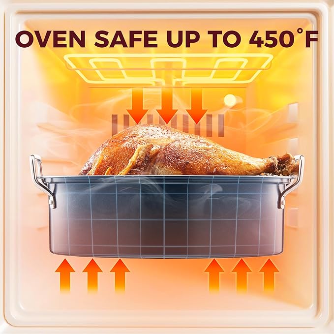 HONGBAKE 18 Inch Turkey Roasting Pan with Rack and Lid – Large Gray Carbon Steel Roaster Pan for 20 lb Turkey, Oven Safe Baking Pan for Holiday Meals & Thanksgiving