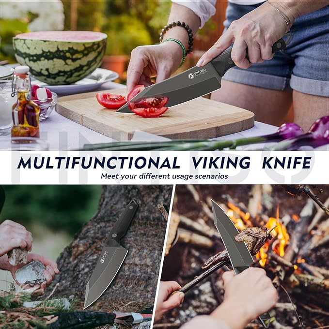 FINTISO 14C28N Steel Viking Knife, Japanese Butcher Knife with G10 Handle, Ultra Sharp Meat Cleaver Boning Knives for Meat Cutting, Outdoor Kitchen Chef Knives Best Gift (Red)