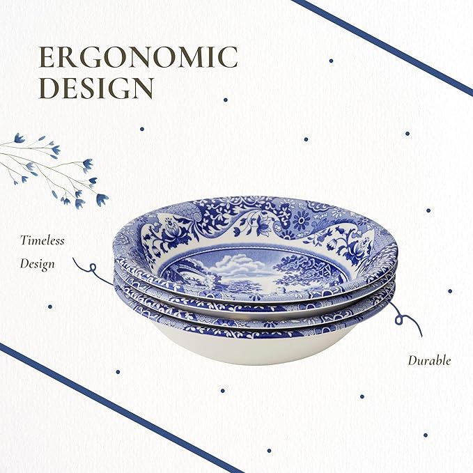Spode Blue Italian Ascot Cereal Bowl Set of 4-8-Inch Earthenware Bowls with Oriental Design, Dishwasher & Microwave Safe Tableware for Breakfast, Soup, Rice, Dessert - Blue & White Dinnerware